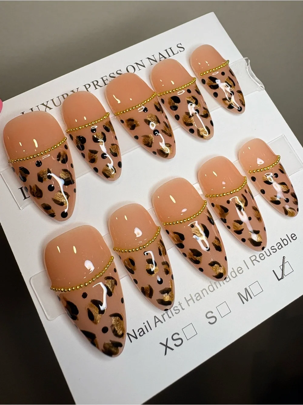 Peach Leopard Press-On Nails with Gold Accent
